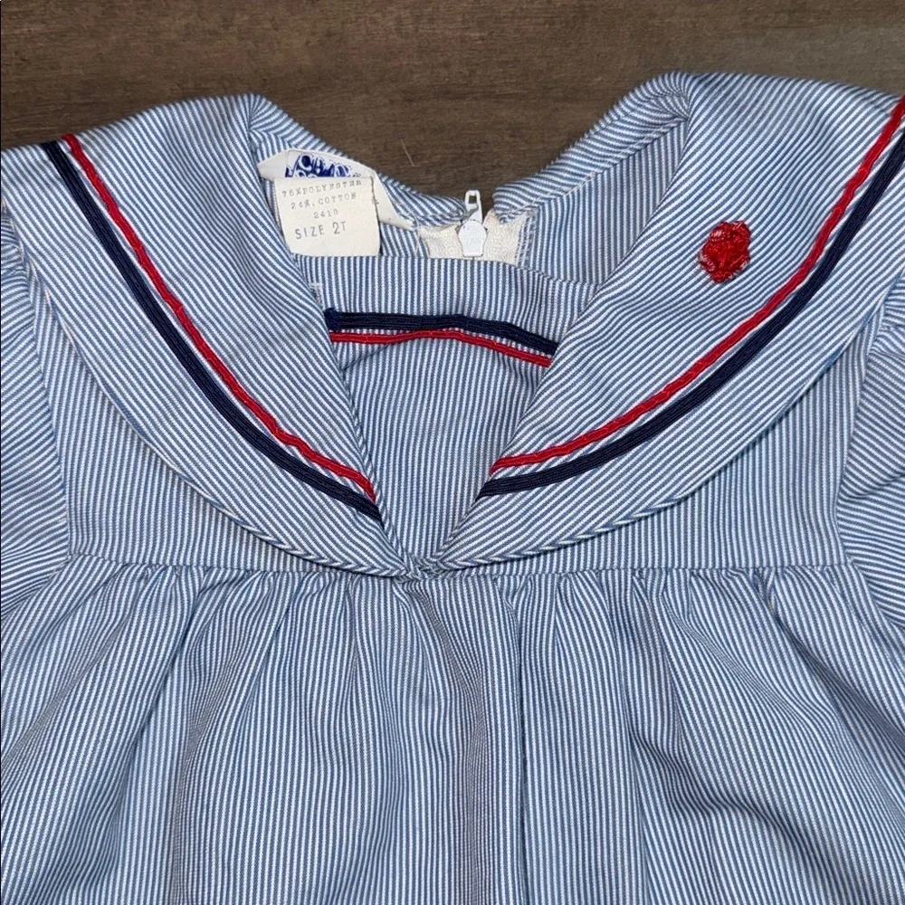 Vintage Blue White Pinstripe Sailor Dress Nautical Puff Sleeve SZ 2T